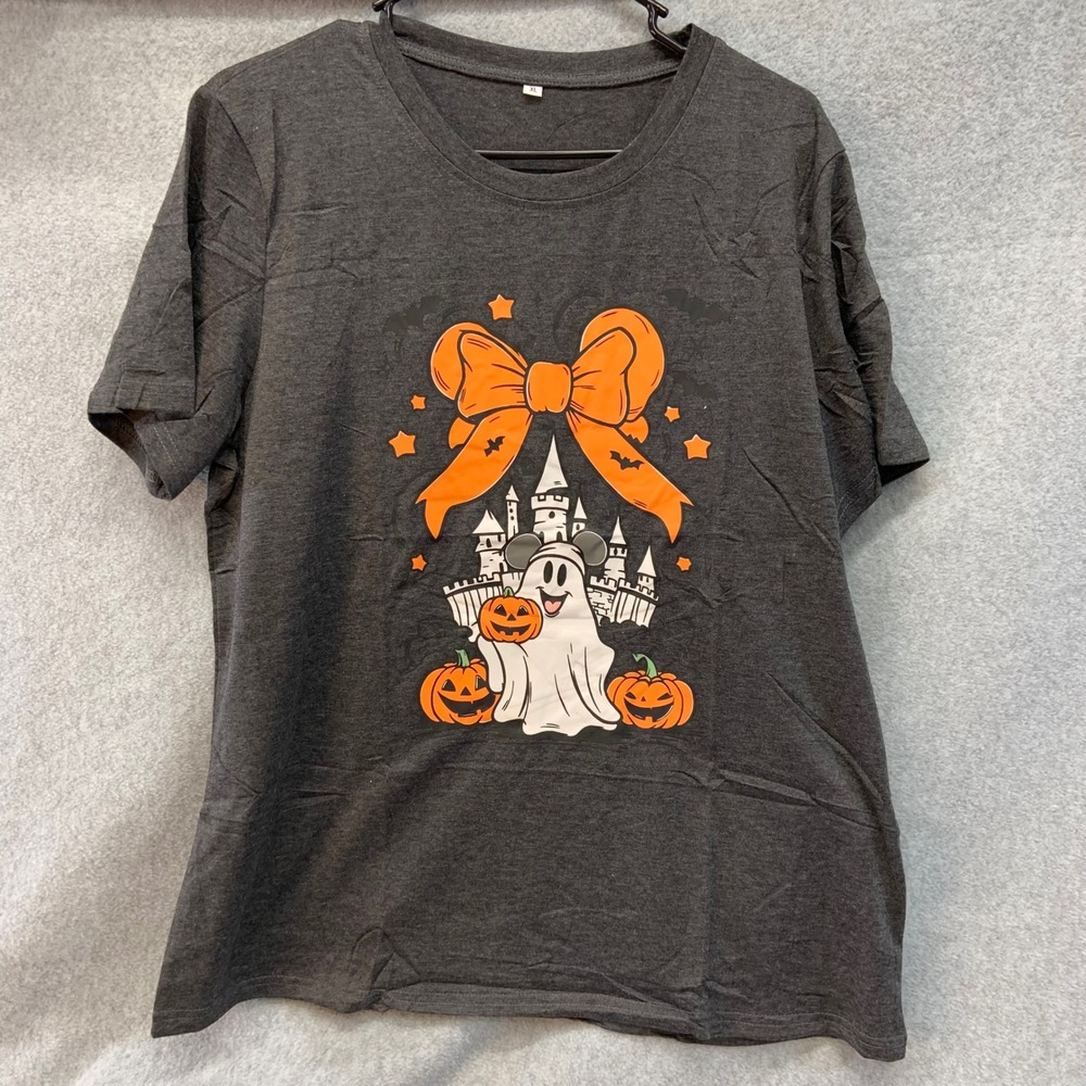 Ghost Castle Pumpkins Women Gray Halloween Graphic T-Shirt XL NWOT